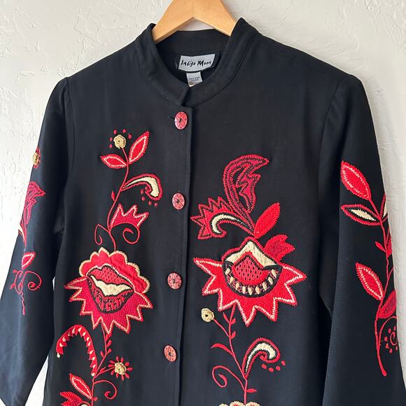 INDIGO MOON Womens Boho Floral Embroidered Jacket Size L Crochet Artsy Black Red - Picture 3 of 8